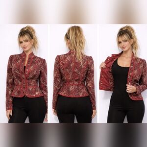 New Free People Zoey Quilted Jacket Cherry Combo Paisley Puff Shoulders